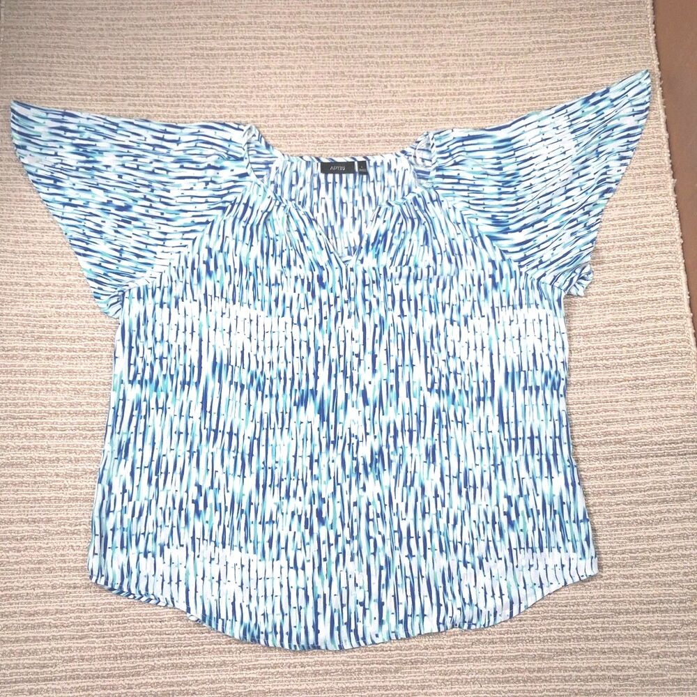apt 9 womens blue abstract geometric flutter sleeve v neck blouse top large